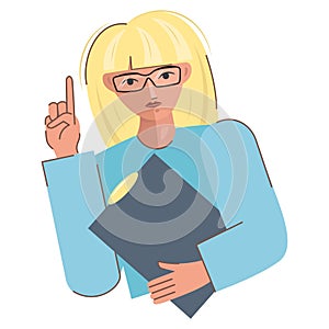 A young business woman with a folder in her hands on a white . Blonde with glasses, pointing with her finger. A smart