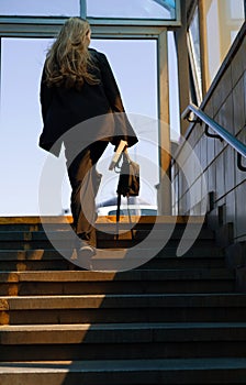 young business woman going up the stairs back view.