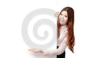 Young Business Woman Happy Showing blank billboard photo