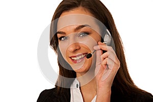 Young business woman with headset isolated over white background