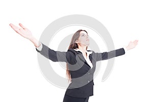 young business woman holding arms wide spread expressing su