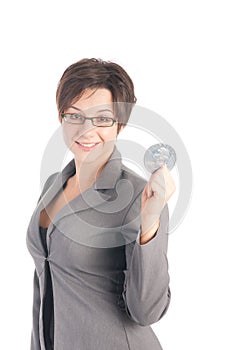 Young business woman holding quarter dollar