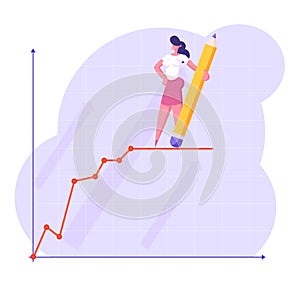 Young Business Woman with Huge Pencil in Hand Stand on Top of Financial Growth Chart Line. Businesswoman Presentation