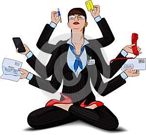 Young business woman in the image of the multi-armed deity Shiva copes with multitasking while sitting in the yoga Lotus position