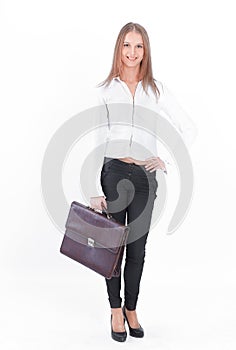 Young business woman with leather portfolio.isolated on white