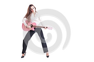 Young business woman with long hair playing pink quitar photo