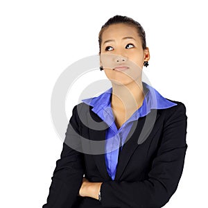 Young business woman with a look of hesitation on white