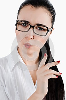 Young business woman or manageress making a finger gesture of di photo