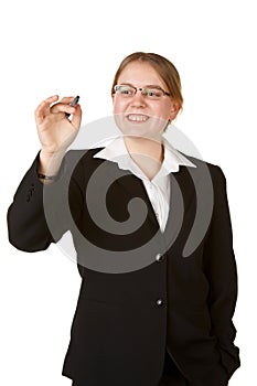 Young business woman with marker isolated on white