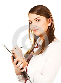 Young business woman over white background