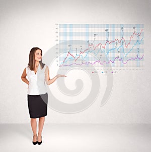 Young business woman presenting stock market diagram