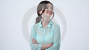 Young business woman professional looking at camera happy slow motion