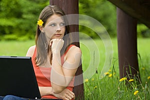 Giovane donna d'affari rilassante per affari sul computer portatile 