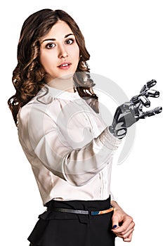 Young business woman with robot hand. 3d rendering