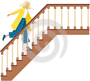 Young business woman running up stairs. Happy feminist climbing career ladder isolated person