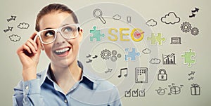 Young business woman with SEO concepts