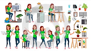 Young Business Woman Set Character Vector. In Action. IT Startup Business Company. Environment Process. Teen. Cartoon