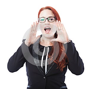 Young business woman shout with hands on mouth