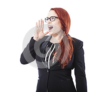 Young business woman shout with hands on mouth