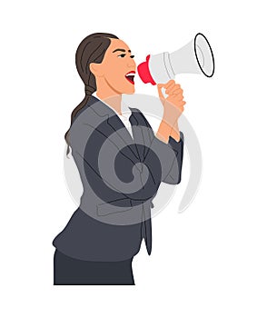 Young business woman shouting in megaphone vector.