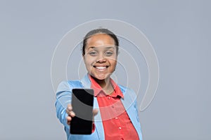 Young Business Woman Show Cell Smart Phone Empty Screen African American Girl Happy Smile Businesswoman