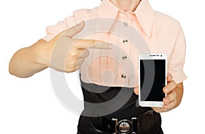 Young business woman showing with black display of mobile phone