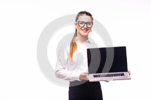 Young business woman showing blank laptop screen