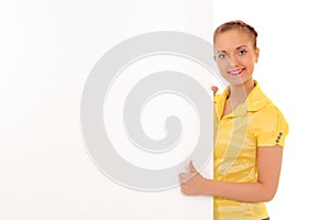 young business woman showing blank signboard