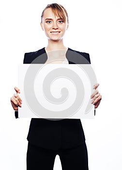 Young business woman showing blank signboard