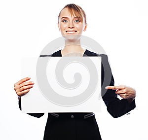 Young business woman showing blank signboard