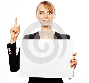 Young business woman showing blank signboard