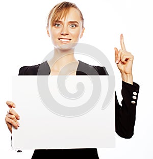 Young business woman showing blank signboard