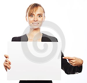 Young business woman showing blank signboard