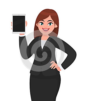 Young business woman showing or holding a blank screen digital tablet computer in hand. Female character design illustration.