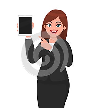 Young business woman showing or holding a blank screen digital tablet computer and pointing index finger. Female character design.
