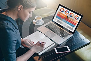 Young business woman sitting at table and taking notes in notebook.On computer screen graphics and charts.