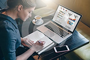 Young business woman sitting at table and taking notes in notebook.On computer screen graphics and charts. photo