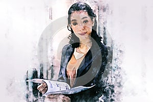Young business woman smile portrait and thinking at desk on watercolor illustration painting background.