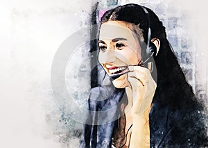 Young business woman smile portrait and thinking at desk on watercolor illustration painting background.