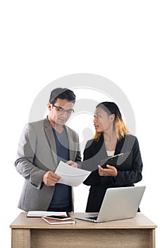 Young business woman standing with her boss conversation about t