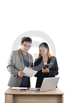 Young business woman standing with her boss conversation about t