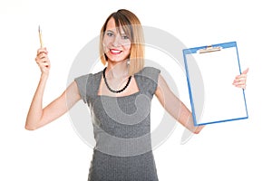 Young business woman standing with her clipboard isolated