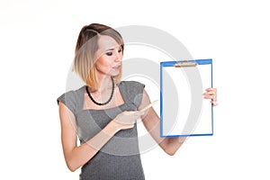 Young business woman standing with her clipboard isolated