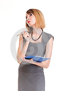 Young business woman standing with her clipboard isolated