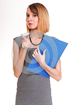 Young business woman standing with her clipboard isolated