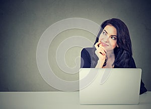 Business woman thinking daydreaming sitting at desk with laptop computer