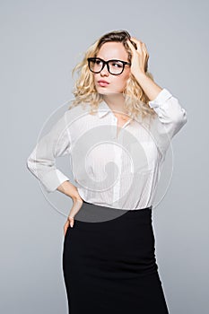 Young business woman thinking of memorize of something on white background