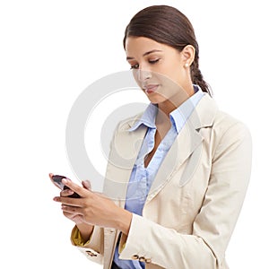 Young business woman, thinking or mobile phone in studio mock up or work email for project or networking. Entrepreneur