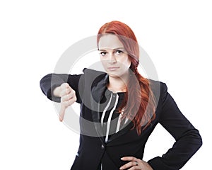 Young business woman thumbs down