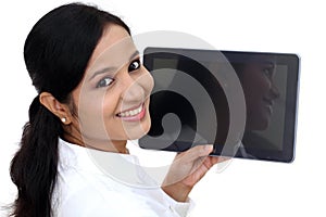 Young business woman using digital tablet computer